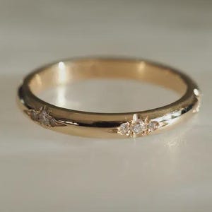 14K Solid Gold Flush Set Eternity Round Moissanite Wedding Band, Stacking Matching Band, Star Engrave Bridal Ring, Cluster Celestial Band