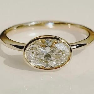 2 CT East To West Set Oval Cut Solitaire Ring, 14K Solid Gold Ring Bezel Set Oval Cut Solitaire Engagement Ring, Oval Anniversary Rings Gift