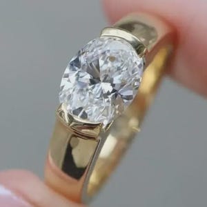 2 CT Oval Cut Engagement Ring, East-West Oval Cut Moissanite Engagement ring of Half Bezel Set, Solitaire Wedding Ring, Gift For Her