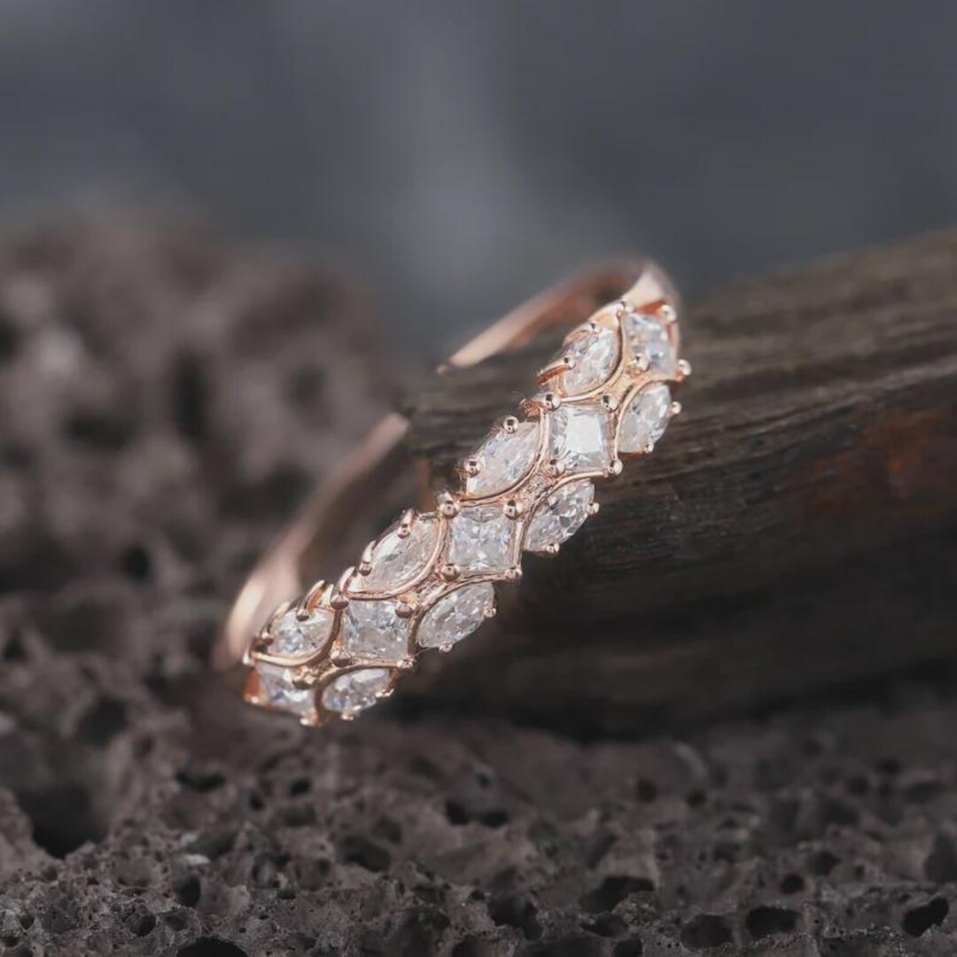 Princess Cut Moissanite Wedding Band Half Eternity 14K Solid Rose Gold ...