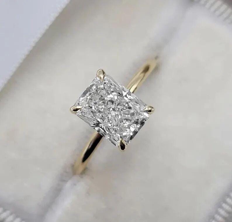 2 Carat D Color VVS2 Clarity IGI Certified Elongated Radiant Cut Lab Grown Diamond Solitaire Engagement Ring 14k Yellow Gold