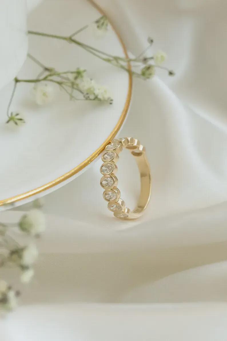 14k Solid Gold Bezel Set Oval Cut Moissanite Wedding Band, Half ...
