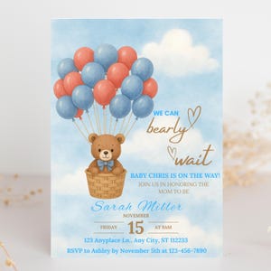 Teddy Bear Baby Shower Invitation: Hot Air Balloon Theme (Canva Template - Digital Download)