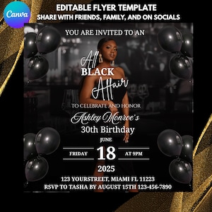 All Black Affair Birthday Invitation – Digital Flyer Evite Canva Template