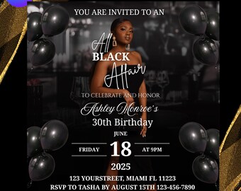 Convite de aniversário All Black Affair – Flyer digital Evite modelo Canva