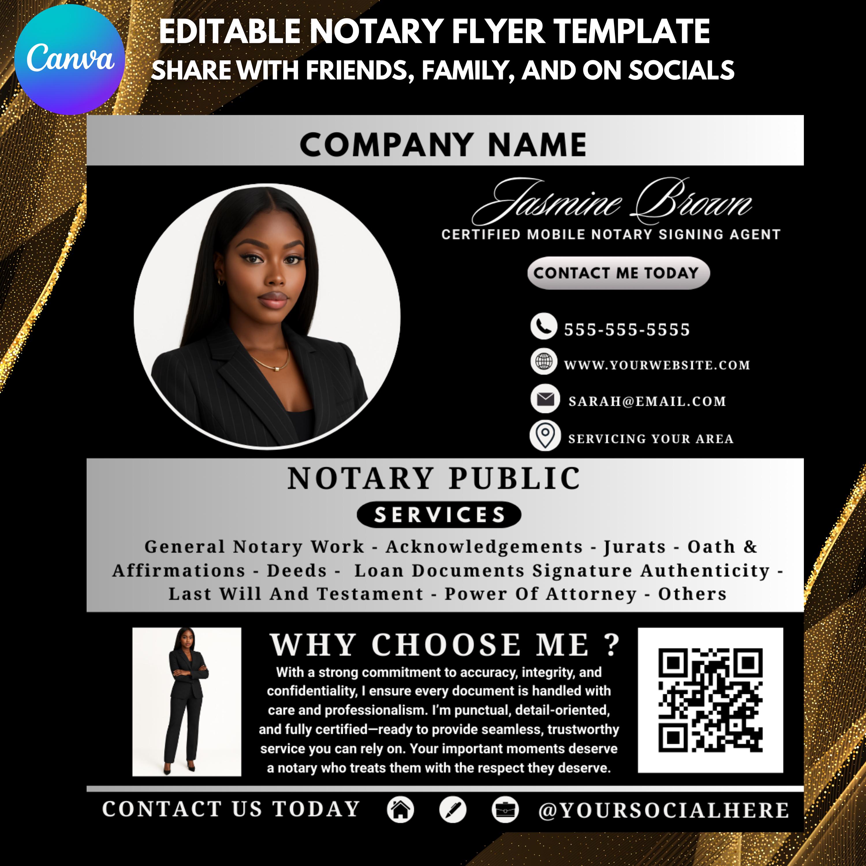 sachin and babi light blue dress Silver & Black Mobile Notary Flyer Canva Template