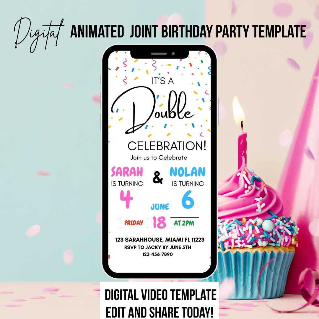 Joint Party Birthday Invitation - Animated Digital Evite Canva Template ...