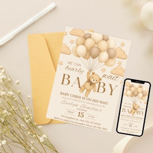 Editable Teddy Bear Baby Shower Invitation: Neutral Boho Theme (Canva Template)