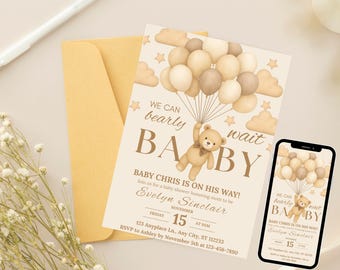 Editable Teddy Bear Baby Shower Invitation: Neutral Boho Theme (Canva Template)