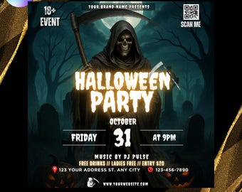 May include: A Halloween party flyer featuring a grim reaper with a scythe, set against a spooky graveyard backdrop. The flyer includes the text "Halloween Party" with the date October 31st, Friday at 9 PM, and event details.