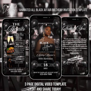 All Black Affair Birthday Invitation – Animated Digital Evite Canva Template