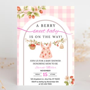 Berry Sweet Baby Shower Invitation, Strawberry Baby Shower Invite, Printed or Instant Editable Template, Baby Shower Editable Canva Template