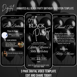 All Black Party Invitation – Animated Digital Birthday Evite Canva Template