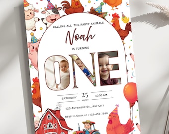 Invitation 1er anniversaire des fêtards, invitation d'anniversaire pour enfants à la ferme, animaux mignons avec chapeaux d'anniversaire, modifiable sur Canva