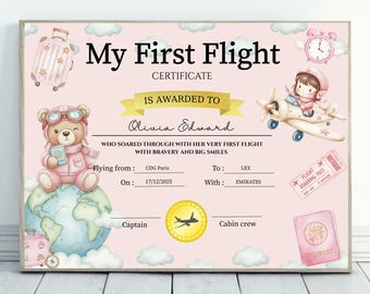 cute pink My First Flight Certificate Template, baby's very 1st flight certificate,airplane babygirl 1st flight certificate editable canva
