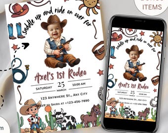 boy First Rodeo Birthday Invitation With Photo | Cowboy First Birthday Invite Boy | Western Rodeo Baby Boy 1st Birthday,  wild west rodeo