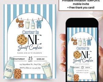 Milk And Cookies First Birthday Invitation, One Sweet Cookie Birthday Party 1st Birthday Boy 1st Party Invite,Editable Canva mobile Template
