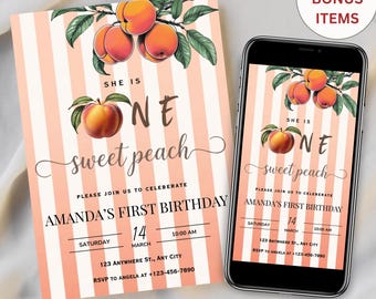 Une invitation pêche douce, invitation d'anniversaire pêche, modèle d'invitation premier anniversaire, impression numérique Boho, invitation 1er anniversaire, modifiable 1 er anniversaire