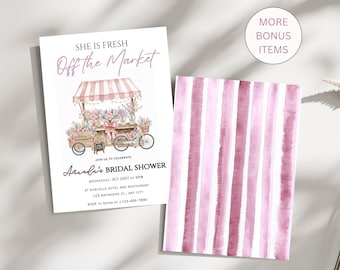 May include: Two invitations for a bridal shower. One features a watercolor illustration of a flower cart with the text "She is Fresh Off the Market." The other has pink and white vertical stripes. Includes event details.