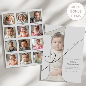 May include: A baby's first birthday invitation and photo collage. The invitation features a photo of the baby, the number one, and the words "Happy Birthday." The photo collage displays twelve baby photos. The words "More Bonus Items" are also visible.