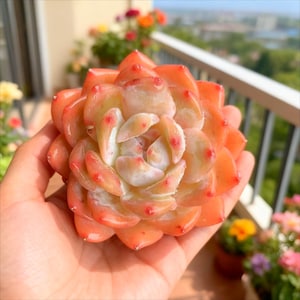 May include: Close-up of a succulent plant with orange and white leaves. The plant has red tips on the leaves and is held in a person's hand. The background is blurred, showing a balcony with other plants and a view of a city.