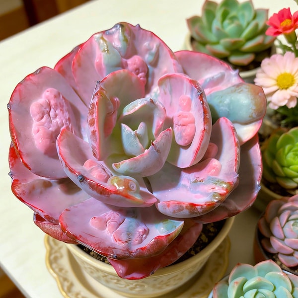Live Echeveria ‘Lunar Heart’ Variegata Succulent | Cream & Green Rosette | Rare Variegated Indoor Plant | Bare Root Shipping