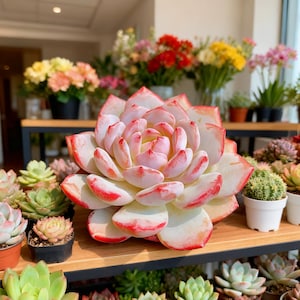 May include: A large, light pink succulent with red-tipped leaves is the focal point, surrounded by smaller succulents in pots. The background features various colorful flowers and plants, creating a vibrant display. The image showcases a variety of succulents and flowers.
