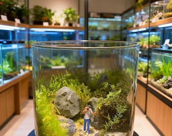 Terrario de musgo vivo en frasco de vidrio, mini musgo bioactivo con piedra y pequeña figura, ecosistema de escritorio Natura, minijardín DIY, regalo para enamorados.