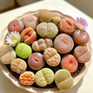 May include: A collection of colorful living stone plants, also known as Lithops, in a shallow, beige ceramic dish. The plants display a variety of colors, including green, orange, pink, and brown. Two small flowers are also present, one white and one purple.
