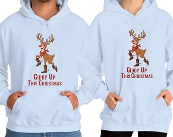 Giddy Up This Christmas Hoodies Matching Western Couple Christmas Sweatshirts - Reindeer Holiday Gift Hoodie Set Christmas Gift