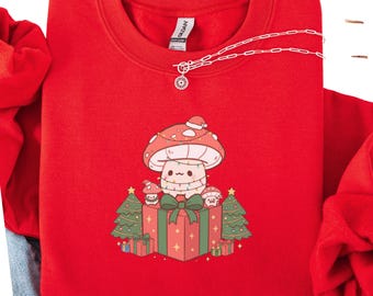 Kawaii Christmas Mushroom Sweatshirt  Cute Cottagecore Santa Shroom Sweater - Mushroom Lover Gift for Her/Him xmas Shirt