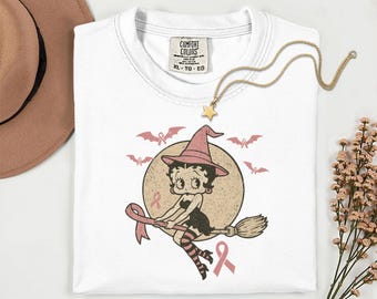 Comfort Colors Breast Cancer Shirt Betty boop Witch Shirt - Gift For Her  -We Wear Pink Tee Halloween Tshirt For Cancer Survivors