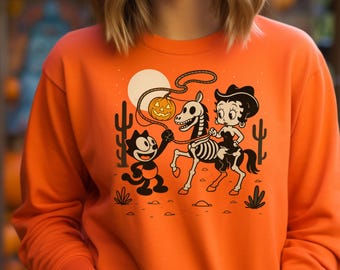 Felix the Cat & Betty Boop Halloween Sweatshirt Retro Western Halloween Tshirt Cowboy Shirt Gifted - Cow GirlShirt
