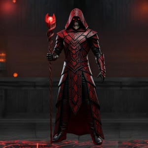 May include: A figure in a red and black hooded robe with a skeletal face, holding a staff with a glowing red orb. The robe has intricate patterns and armour-like detailing. The background is dark with hints of red.