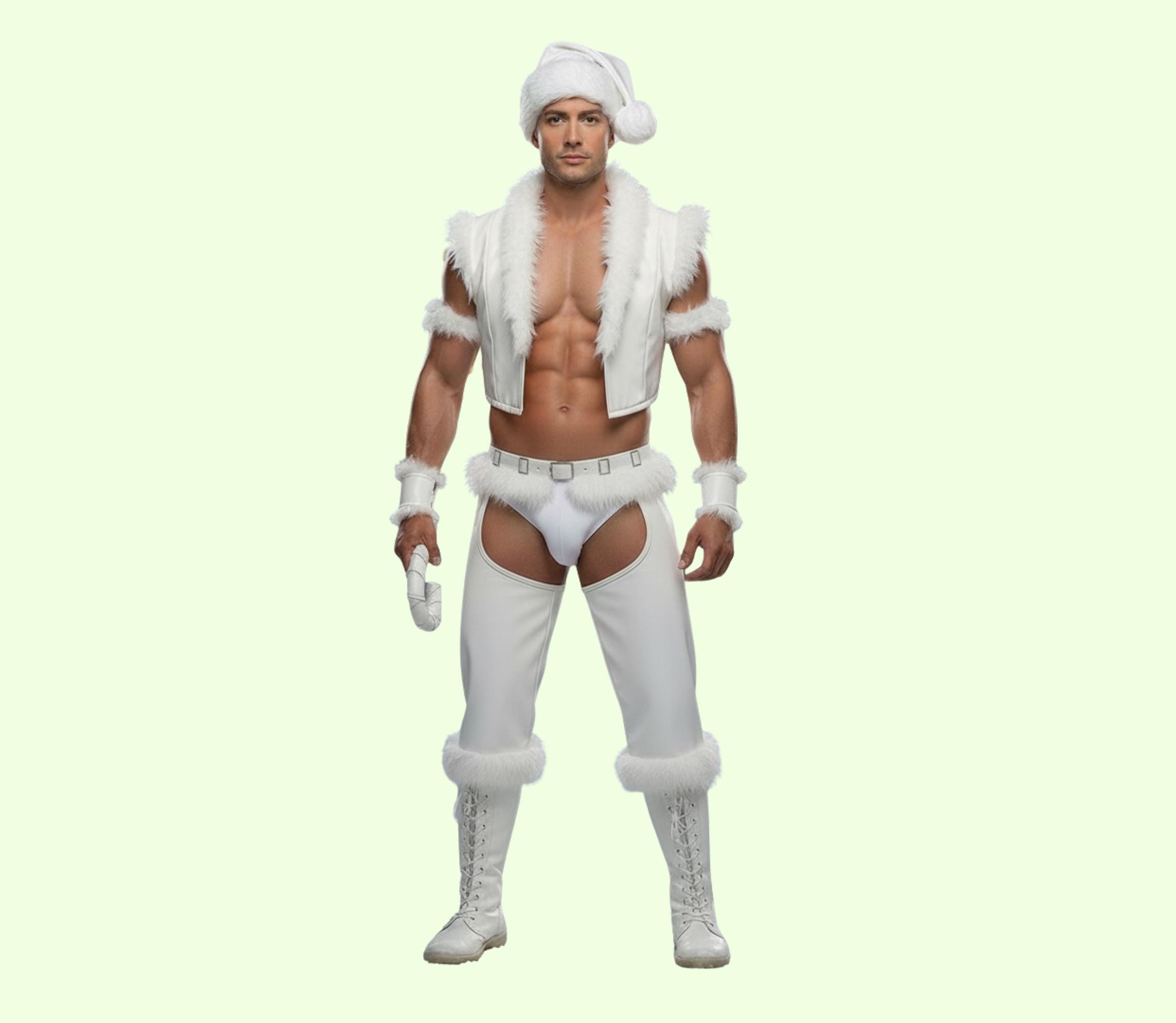 White Leather Sexy Santa Outfit Men: Christmas Party Wear Fur Trim Costume 