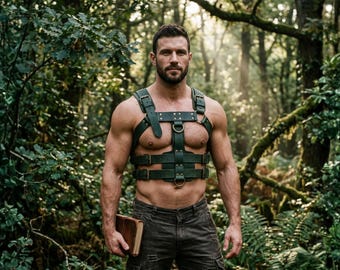 Oryginalna skórzana uprząż piersiowa w kolorze zielonym, regulowana, męska, na strój gladiatora Rave.