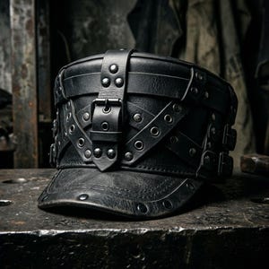 Genuine Handmade Black Leather Military Cap – Steampunk Gothic Rivet Biker Hat | Ranger Adventure Post Apocalyptic Style.