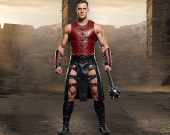 May include: A warrior costume featuring a burgundy leather vest, black skirt with buckle details, and matching arm guards. The outfit is completed with knee-high boots and a spiked mace. The background shows a stone structure.