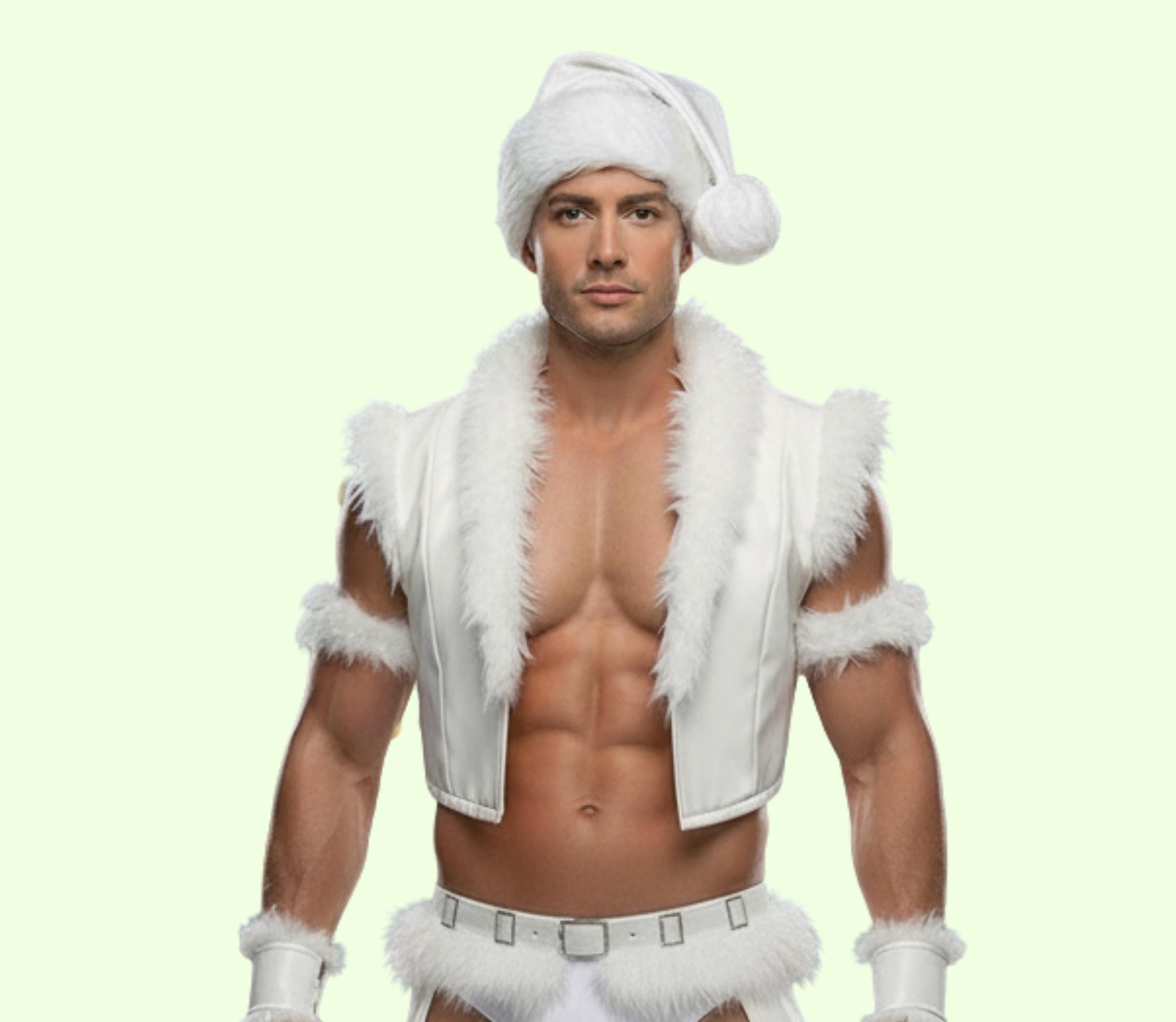 White Leather Sexy Santa Outfit Men: Christmas Party Wear Fur Trim Costume 