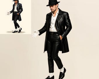 Mens Black Genuine Leather Stage Outfit: Gothic Coat & Slim Pants