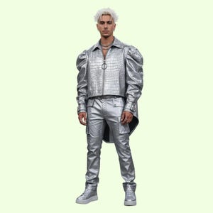 May include: A silver, textured jacket with a zip and puffed sleeves, worn with matching cargo trousers and high-top trainers. The outfit has a metallic sheen, creating a futuristic look. The jacket has a unique tailcoat design.