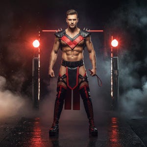 May include: A black and red leather outfit with studded shoulder accents. The outfit includes a chest harness, belt, and thigh-high boots. The background features red lights and a smoky atmosphere.