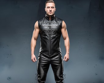 Genuine Leather Biker Vest & Pants Set: Gothic Halloween Costume