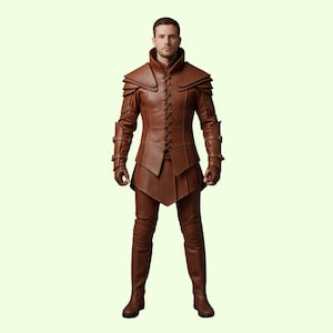 May include: A full-body shot of a brown leather outfit. The outfit includes a jacket with a high collar, shoulder pads, and a laced front. Matching pants and boots complete the ensemble. The outfit appears to be a costume or a piece of historical clothing.