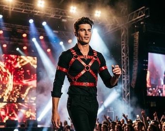 Genuine Leather Red Harness for Men with Arm Straps Gothic Punk Rockstar Style.