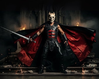 Mens Black Leather Dark Knight Demon Costume: Scary Skull Mask Vampire Cosplay