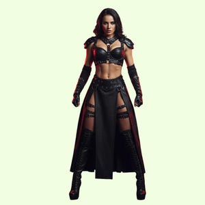 Pode incluir: Um traje de couro preto com um top curto, ombreiras, mangas e uma saia longa com fendas nas coxas. O traje inclui botas até o joelho e é acentuado com tiras e ferragens de metal. O fundo é um gradiente de vermelho e verde.