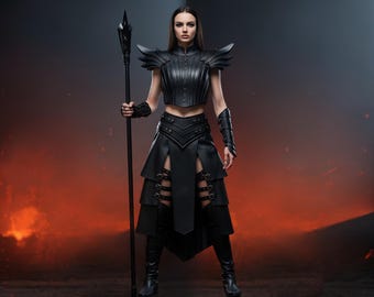 May include: A woman in a black leather fantasy warrior outfit, holding a black staff. The outfit includes a crop top, skirt with side slits, arm guards, and boots. The background has a dark, fiery aesthetic.