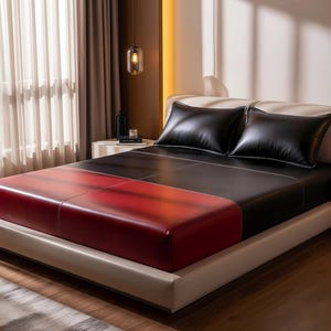 Puede incluir: Una cama moderna con una colcha negra, roja y negra y dos almohadas negras. El marco de la cama es blanco. La habitación tiene una paleta de colores neutros con una ventana y cortinas en el fondo.