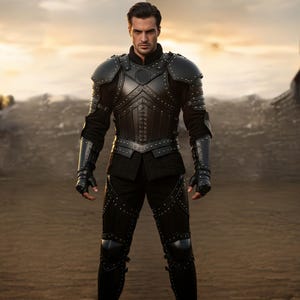Conjunto de armadura de guerrero de cuero negro para hombre / Disfraz de LARP de fantasía medieval / Peto y protectores de brazos de batalla góticos / Traje de cosplay